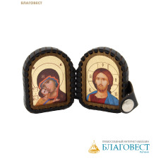 Складень кожаный Пресвятая Богородица «Владимирская» – Спаситель, размер 4,5х6см (в раскрытом виде 9,6см), дерево